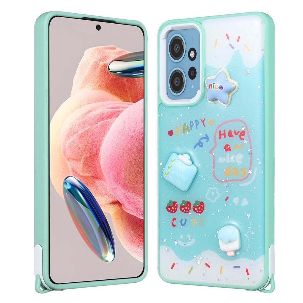 Xiaomi Redmi Note 12 4G Kılıf Parlayan Simli Kabartma Figürlü Zore Cevze Kapak Mor Papatya