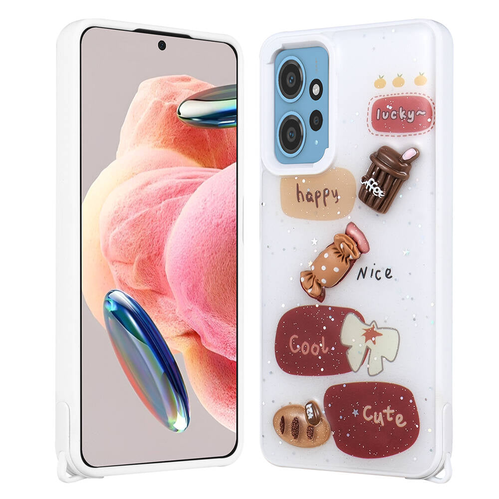 Xiaomi Redmi Note 12 4G Kılıf Parlayan Simli Kabartma Figürlü Zore Cevze Kapak Beyaz
