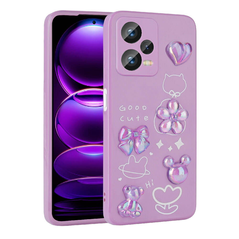 Xiaomi Redmi Note 12 Pro 5G Kılıf Kabartma Figürlü Parlak Zore Toys Silikon Kapak Mor