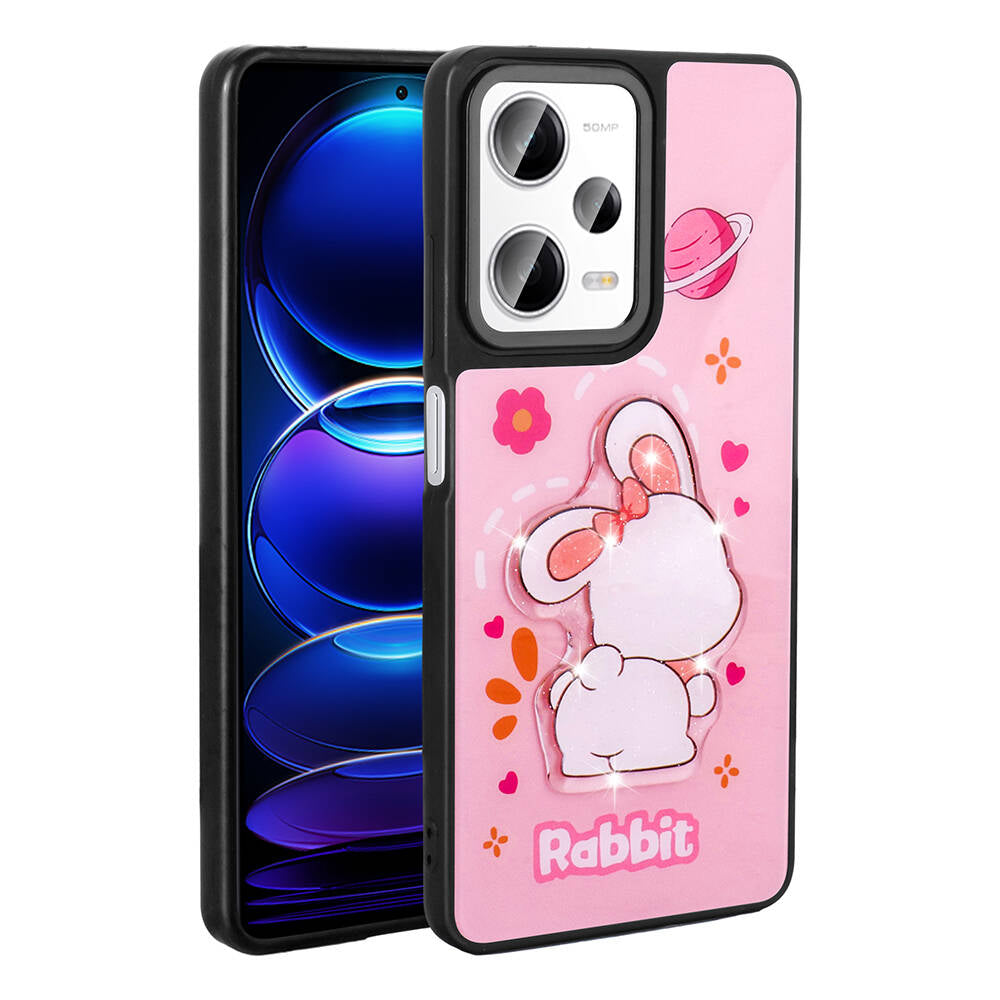Xiaomi Redmi Note 12 Pro 5G Kılıf Parlayan Kabartmalı İkonik Figürlü Zore Amas Silikon Kapak Pembe