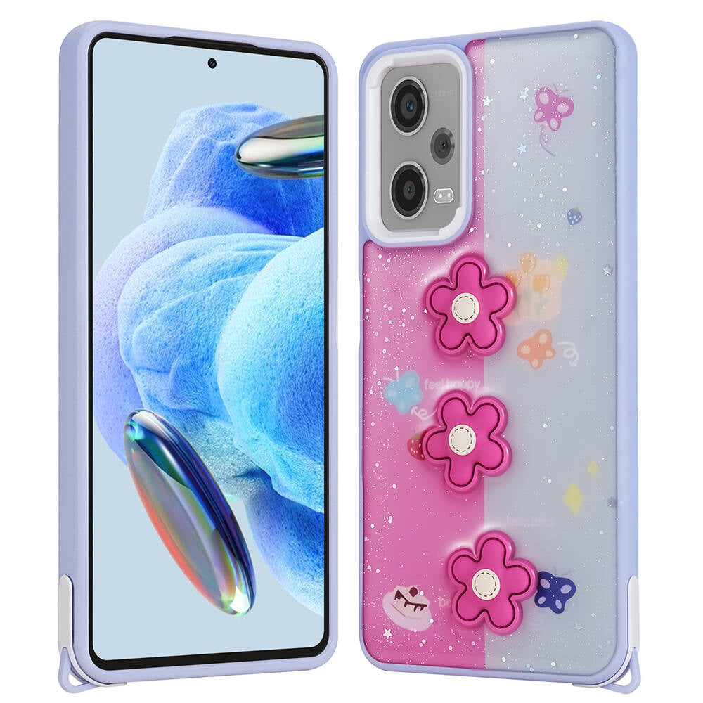 Xiaomi Redmi Note 12 Pro Plus 5G Kılıf Parlayan Simli Kabartma Figürlü Zore Cevze Kapak Mor Papatya