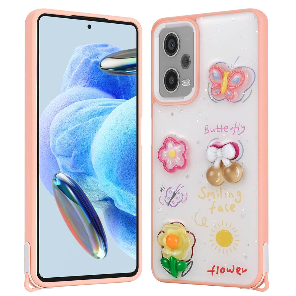 Xiaomi Redmi Note 12 Pro Plus 5G Kılıf Parlayan Simli Kabartma Figürlü Zore Cevze Kapak Pembe
