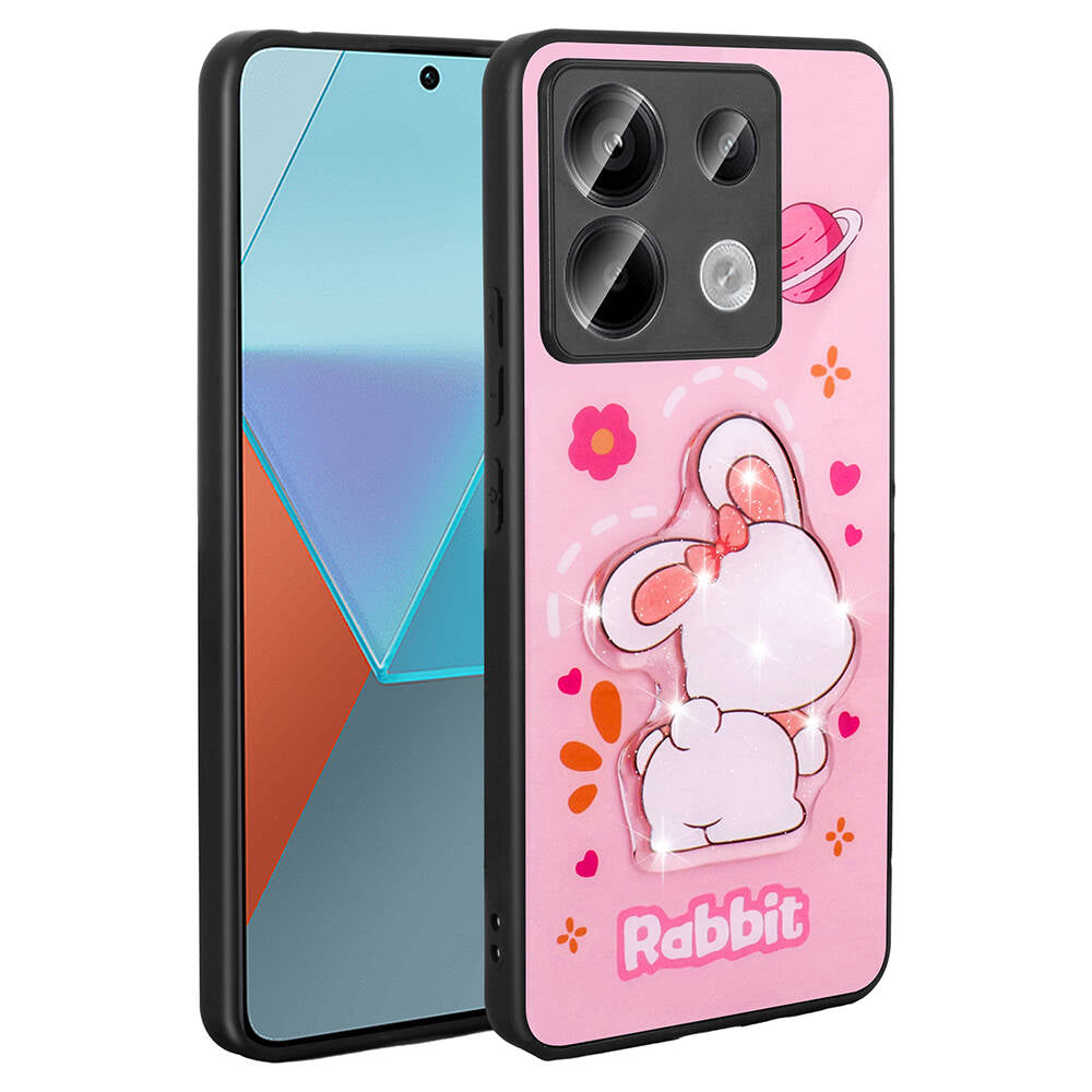Xiaomi Redmi Note 13 Pro 5G Kılıf Parlayan Kabartmalı İkonik Figürlü Zore Amas Silikon Kapak Pembe