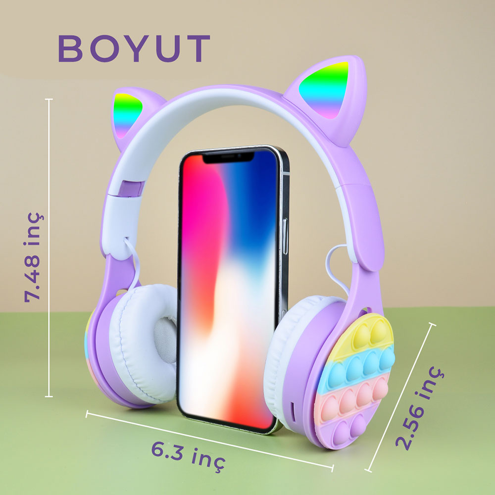 Zore B30 RGB Led Işıklı Kedi Kulağı Band Tasarımı Ayarlanabilir Katlanabilir Kulak Üstü Bluetooth Kulaklık Mor