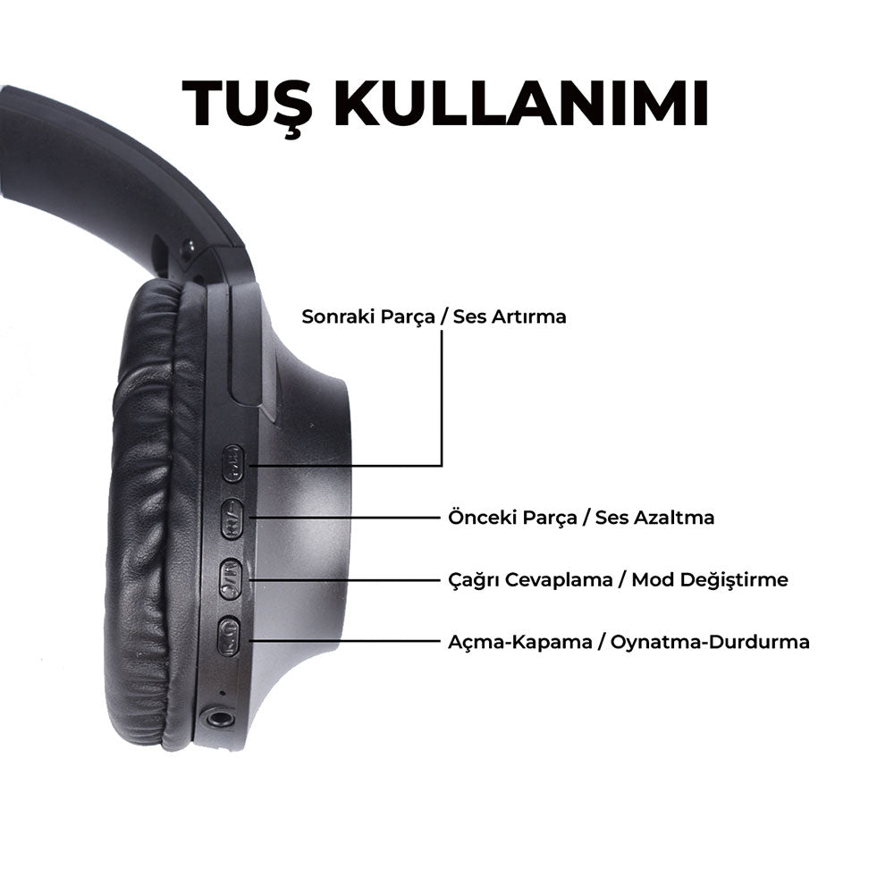 Zore BT850 Ayarlanabilir ve Katlanabilir 90 Derece Dönebilen Kulak Üstü Bluetooth Kulaklık Siyah
