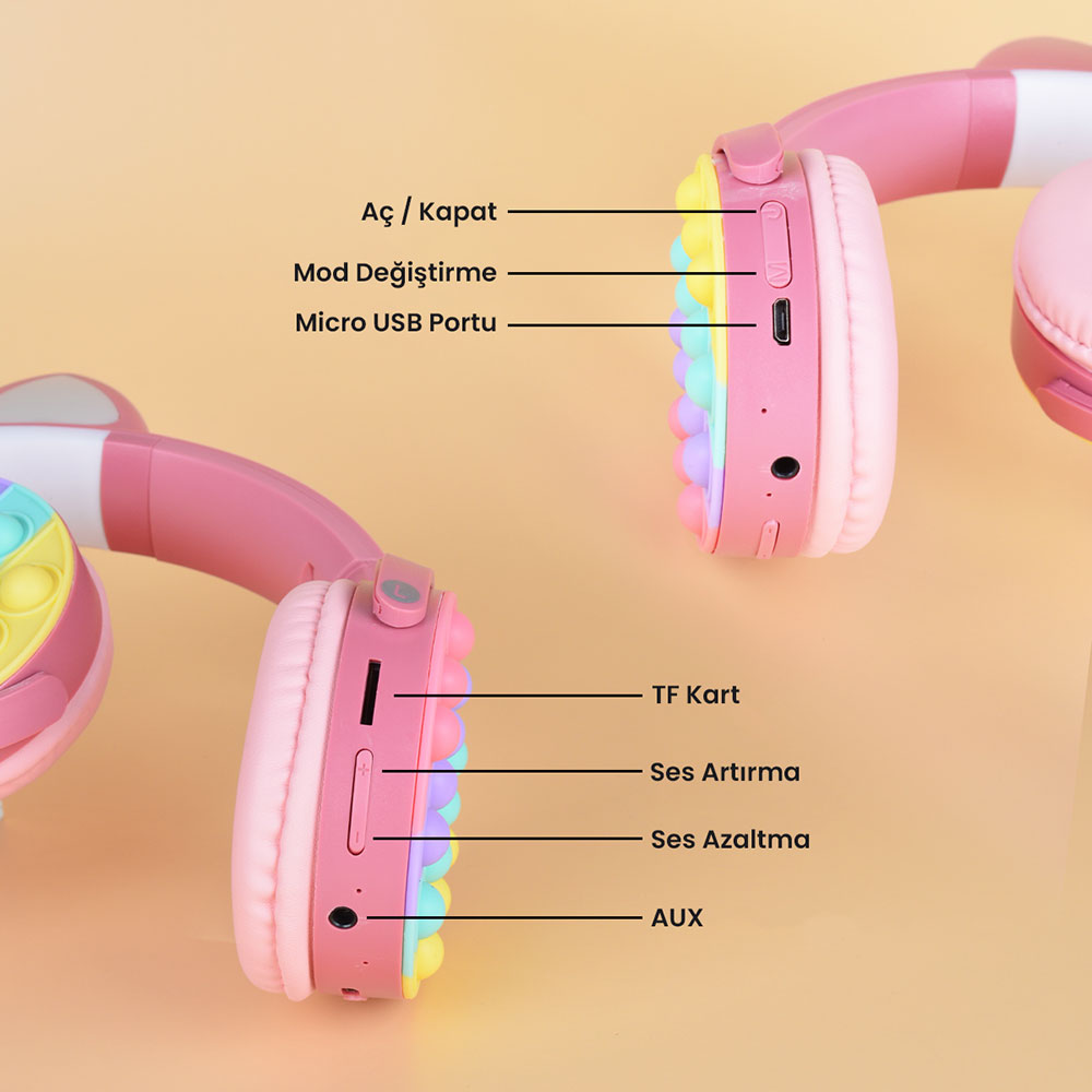 Zore CXT-950 RGB Led Işıklı Kedi Kulağı Band Tasarımı Ayarlanabilir Katlanabilir Kulak Üstü Bluetooth Kulaklık Sarı