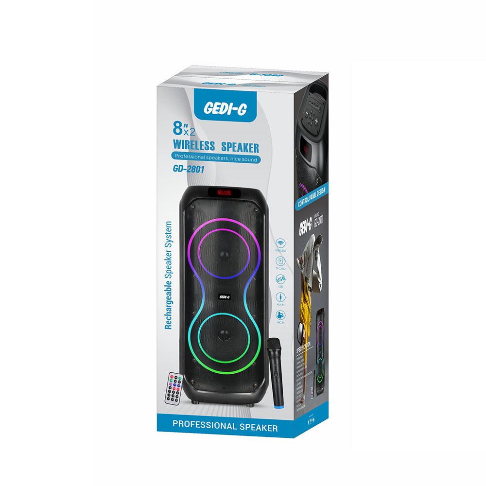 Zore GD-2801 Dijital LED Göstergeli Mikrofonlu RGB TWS Çift 8 inç Stereo Bass Kablosuz Karaoke Hoparlör Siyah