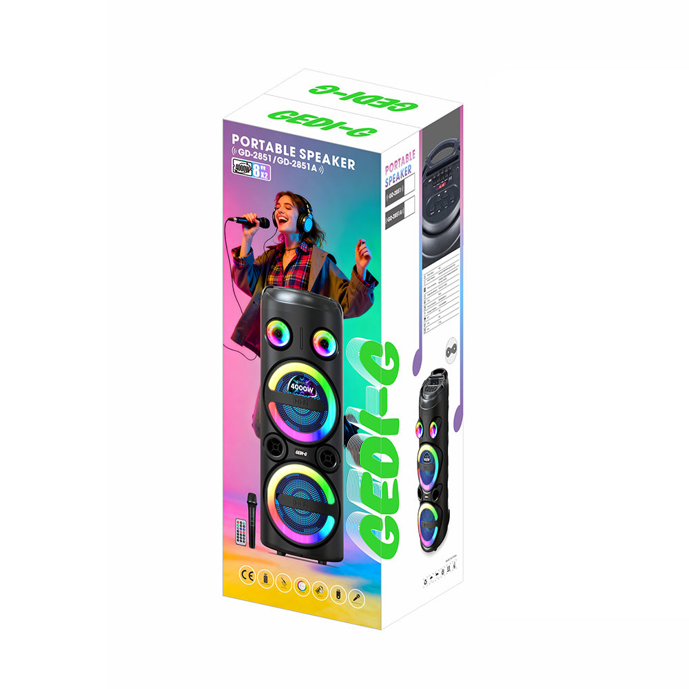 Zore GD-2851 Dijital LED Göstergeli FM Radyolu Mikrofonlu RGB TWS Çift 8 inç Stereo Bass Kablosuz Karaoke Hoparlör Siyah