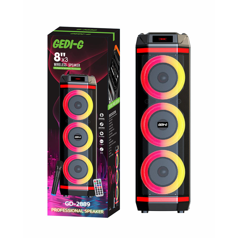 Zore GD-2889 Dijital LED Göstergeli Mikrofonlu RGB Üçlü 8 inç Stereo Bass Kablosuz Karaoke Hoparlör Siyah