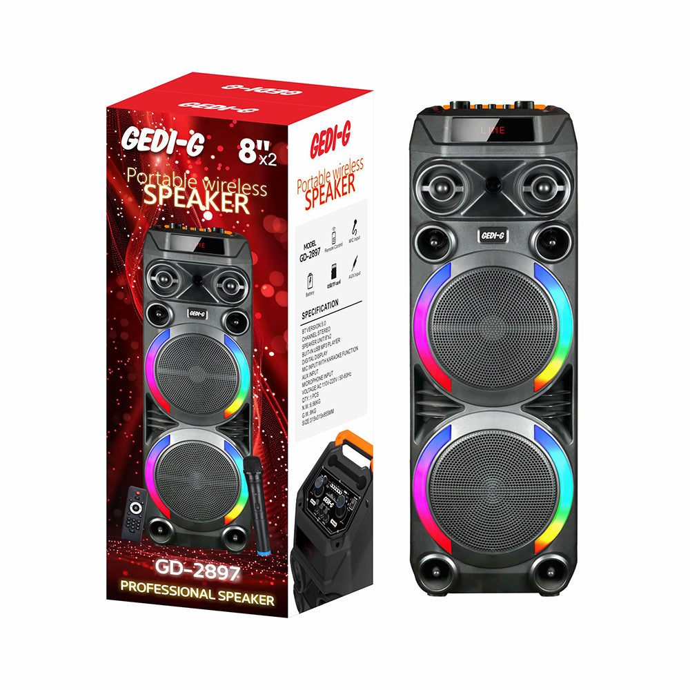 Zore GD-2897 Dijital LED Göstergeli Mikrofonlu RGB TWS Çift 8 inç Stereo Bass Kablosuz Karaoke Hoparlör Siyah