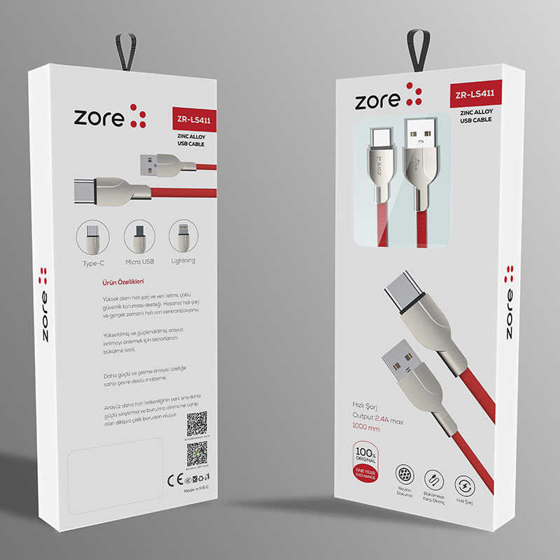 Zore ZR-LS411 Type-C Usb Kablo Gri