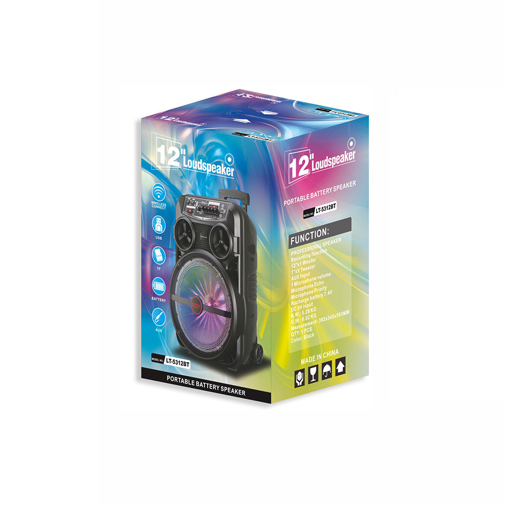 Zore LT-5312BT Mikrofonlu RGB Işıklı 12 inç Stereo Kumandalı Kablosuz Karaoke Hoparlör Speaker v5.0 Siyah