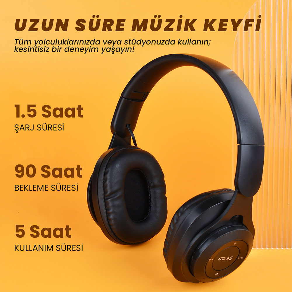 Zore M6 Plus Ayarlanabilir ve Katlanabilir Kulak Üstü Bluetooth Kulaklık Siyah