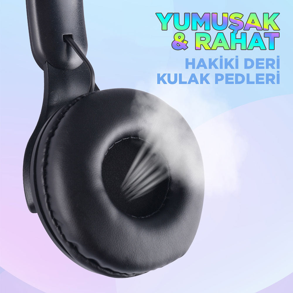Zore M6 Pro Cat RGB Led Işıklı Kedi Kulağı Band Tasarımlı Ayarlanabilir ve Katlanabilir Kulak Üstü Bluetooth Kulaklık Pembe