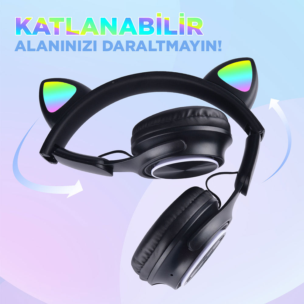 Zore M6 Pro Cat RGB Led Işıklı Kedi Kulağı Band Tasarımlı Ayarlanabilir ve Katlanabilir Kulak Üstü Bluetooth Kulaklık Siyah