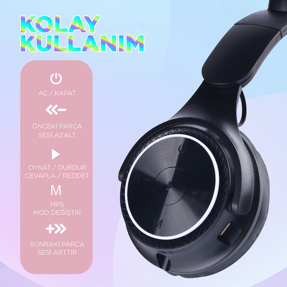 Zore M6 Pro Cat RGB Led Işıklı Kedi Kulağı Band Tasarımlı Ayarlanabilir ve Katlanabilir Kulak Üstü Bluetooth Kulaklık Mavi