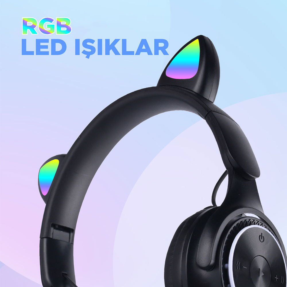 Zore M6 Pro Cat RGB Led Işıklı Kedi Kulağı Band Tasarımlı Ayarlanabilir ve Katlanabilir Kulak Üstü Bluetooth Kulaklık Beyaz