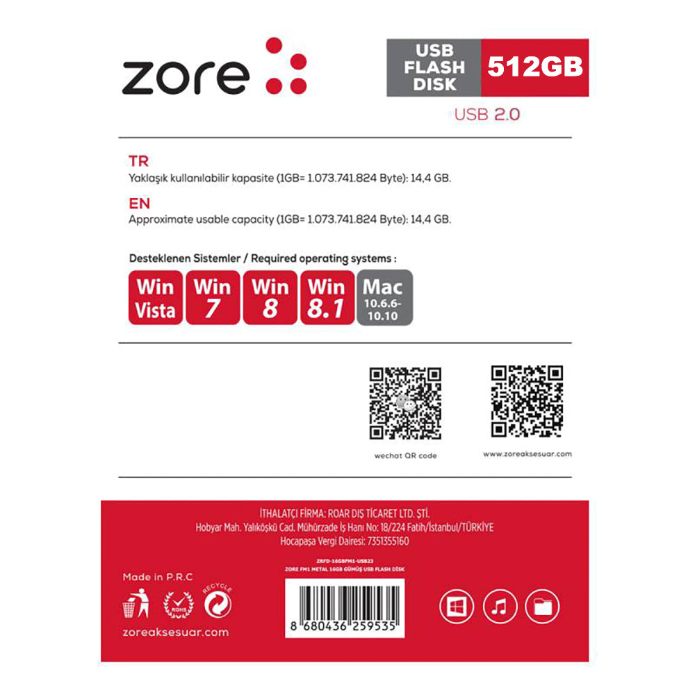 Zore Metal USB 2.0 Flash Disk 512GB Gümüş