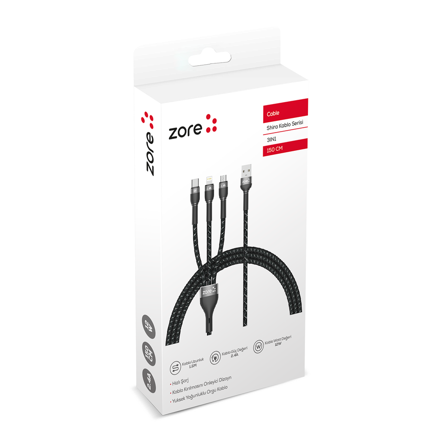 Zore Shira Serisi 3in1 USB Kablo 150cm Siyah