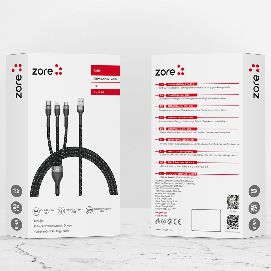 Zore Shira Serisi 3in1 USB Kablo 150cm Siyah