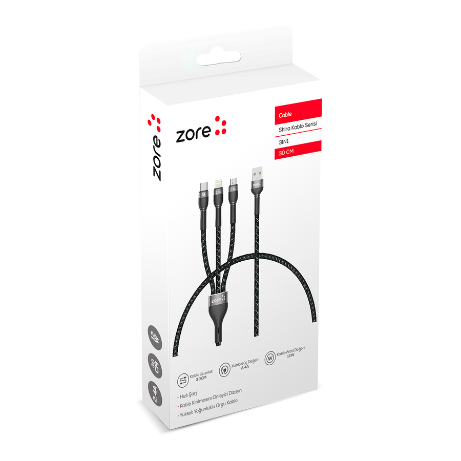 Zore Shira Serisi 3in1 USB Kablo 30cm Siyah