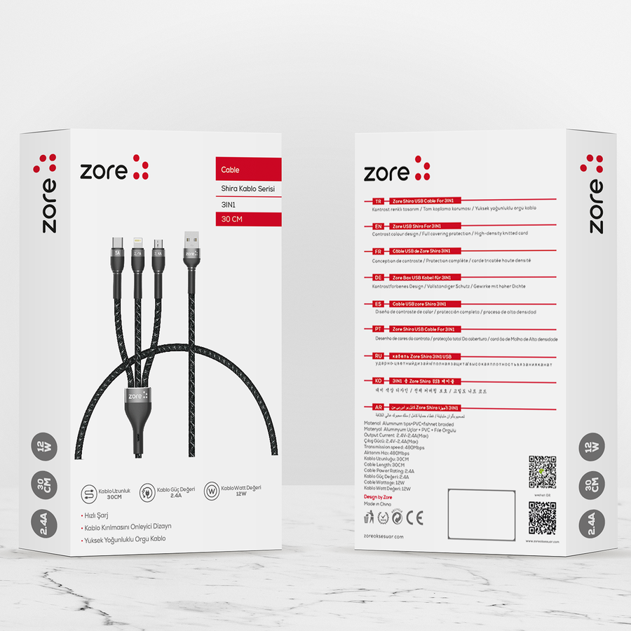 Zore Shira Serisi 3in1 USB Kablo 30cm Siyah