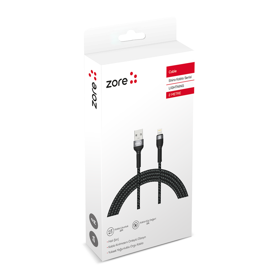 Zore Shira Serisi Lightning USB Kablo 2m Siyah