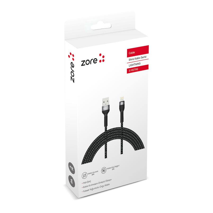 Zore Shira Serisi Lightning USB Kablo 3m Siyah