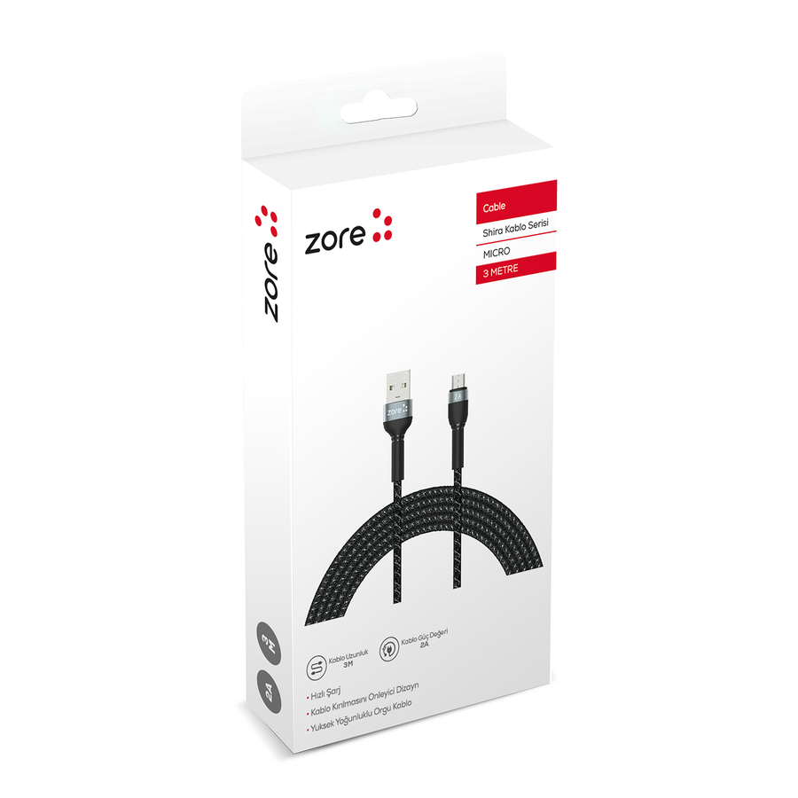 Zore Shira Serisi Micro USB Kablo 3m Siyah