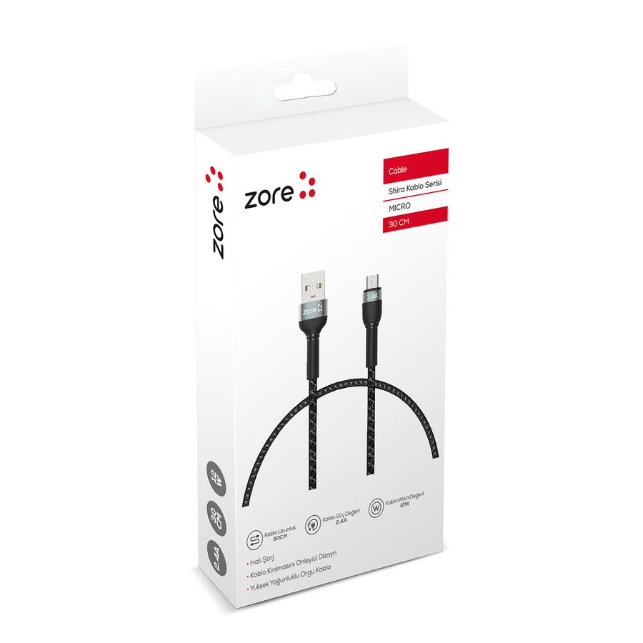 Zore Shira Serisi Micro USB Kablo 30cm Siyah