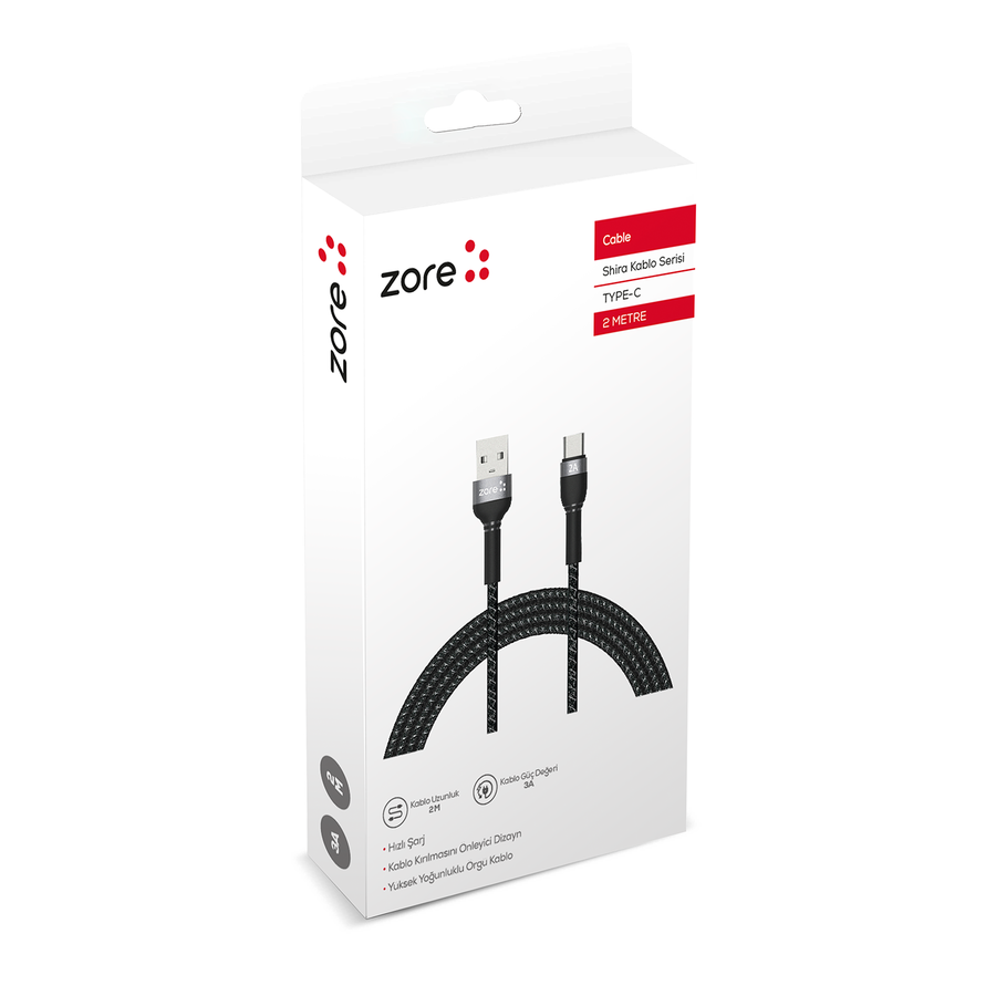 Zore Shira Serisi Type-C USB Kablo 2m Siyah