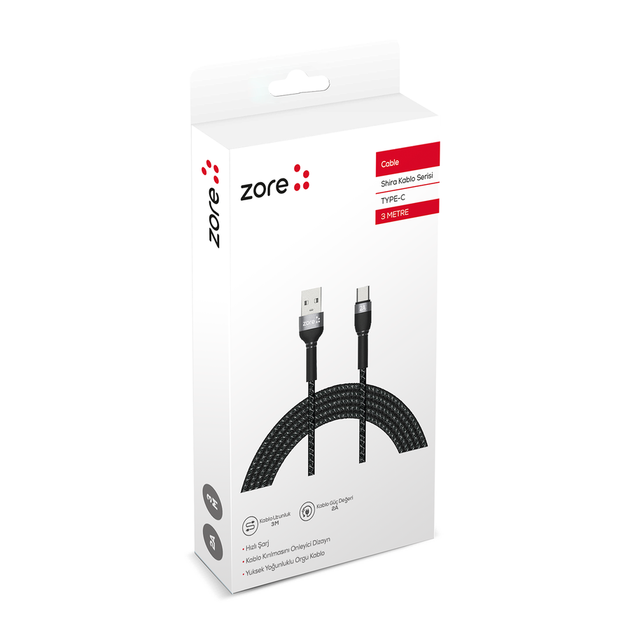 Zore Shira Serisi Type-C USB Kablo 3m Siyah