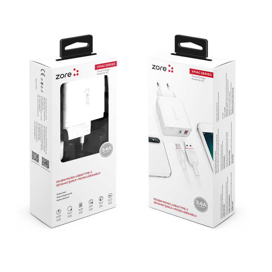 Zore XMac Serisi ZR-X2 Micro 2 in 1 Şarj Seti Beyaz