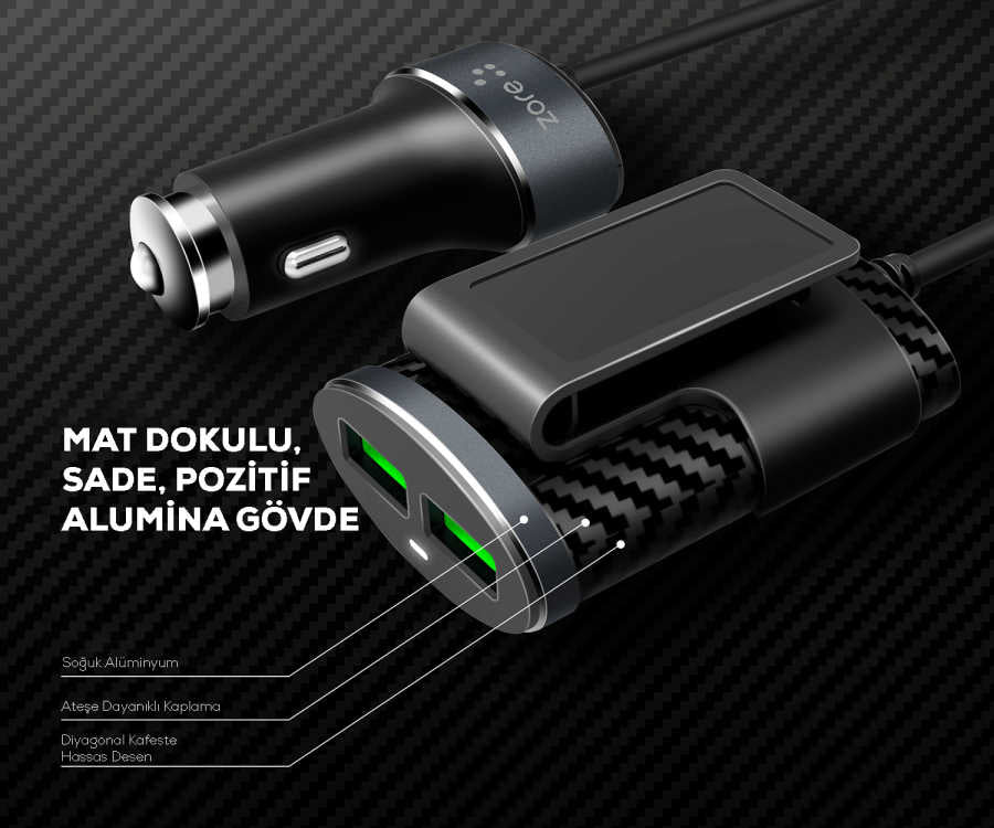 Zore ZR-C502 2+2 Araç Şarj Seti Siyah