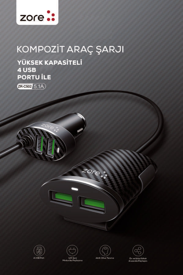 Zore ZR-C502 2+2 Araç Şarj Seti Siyah