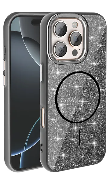 Apple iPhone 16 Pro Kılıf Magsafe Şarj Özellikli Parlayan Simli Okso Kapak