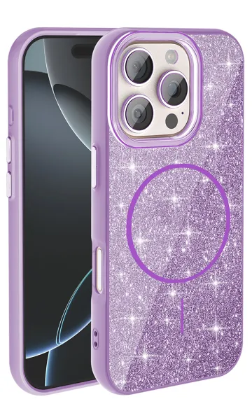 Apple iPhone 16 Pro Kılıf Magsafe Şarj Özellikli Parlayan Simli Okso Kapak