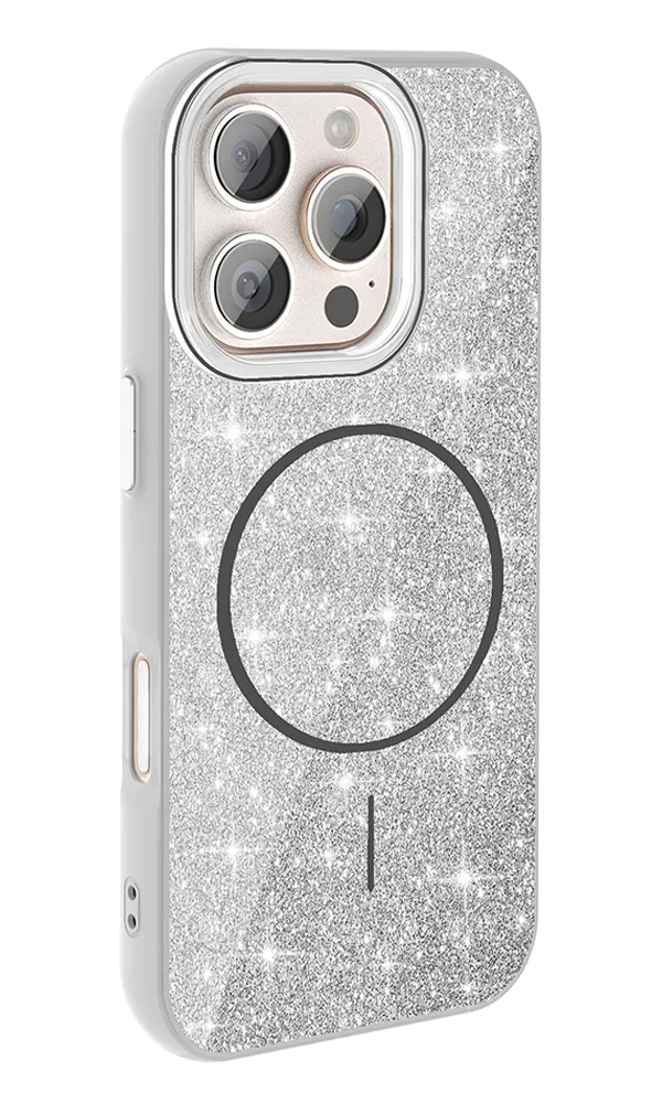 Apple iPhone 16 Pro Kılıf Magsafe Şarj Özellikli Parlayan Simli Okso Kapak