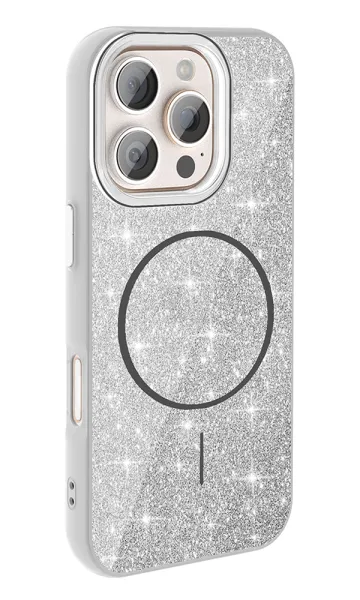 Apple iPhone 16 Pro Kılıf Magsafe Şarj Özellikli Parlayan Simli Okso Kapak