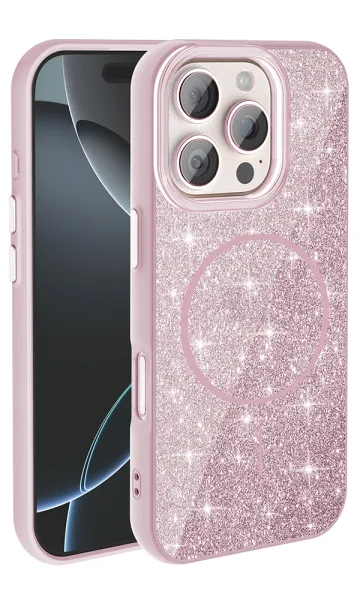 Apple iPhone 16 Pro Max Kılıf Magsafe Şarj Özellikli Parlayan Simli Okso Kapak