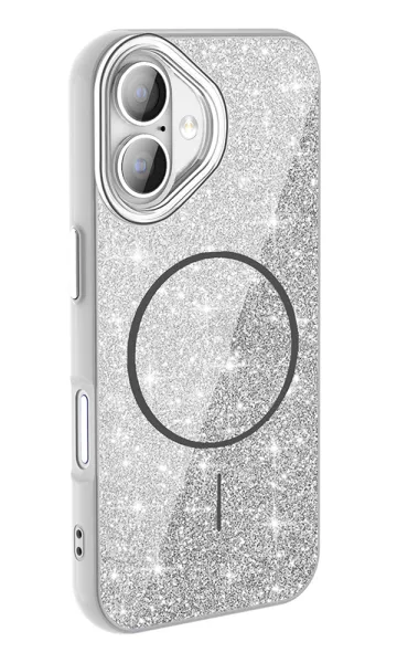 Apple iPhone 16 Kılıf Magsafe Şarj Özellikli Parlayan Simli Okso Kapak