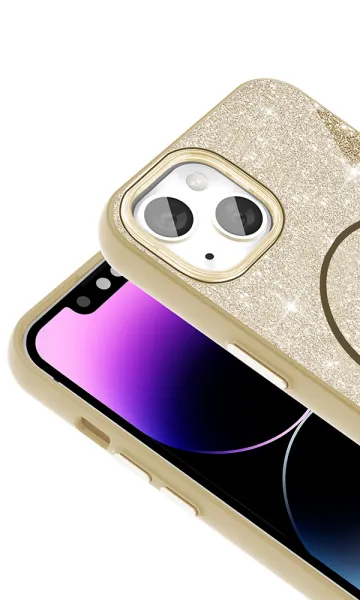 Apple iPhone 13-14 Uyumlu Kılıf Magsafe Şarj Özellikli Parlayan Simli Okso Kapak