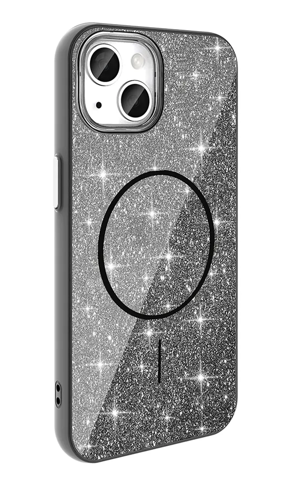 Apple iPhone 13-14 Uyumlu Kılıf Magsafe Şarj Özellikli Parlayan Simli Okso Kapak