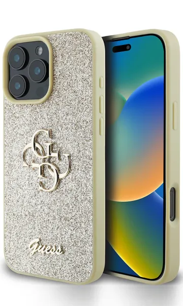 iPhone 16 Pro Max Kılıf Guess Orjinal Lisanslı 4G Büyük Metal Logolu Glitter Kapak