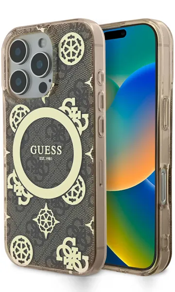 iPhone 16 Pro Max Kılıf Guess Orjinal Lisanslı Magsafe Şarj Özellikli IML Peony ve 4G Desenli Klasik Logolu Kapak