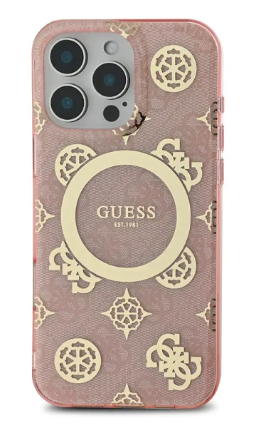 iPhone 16 Pro Max Kılıf Guess Orjinal Lisanslı Magsafe Şarj Özellikli IML Peony ve 4G Desenli Klasik Logolu Kapak