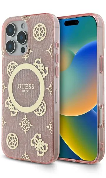 iPhone 16 Pro Max Kılıf Guess Orjinal Lisanslı Magsafe Şarj Özellikli IML Peony ve 4G Desenli Klasik Logolu Kapak