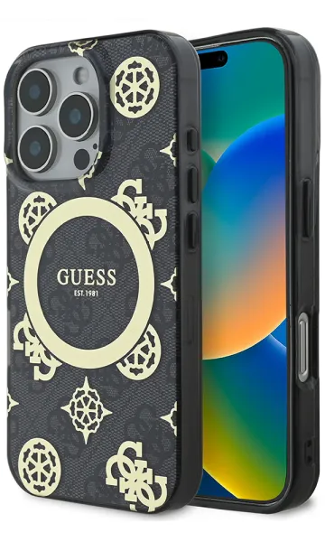iPhone 16 Pro Max Kılıf Guess Orjinal Lisanslı Magsafe Şarj Özellikli IML Peony ve 4G Desenli Klasik Logolu Kapak