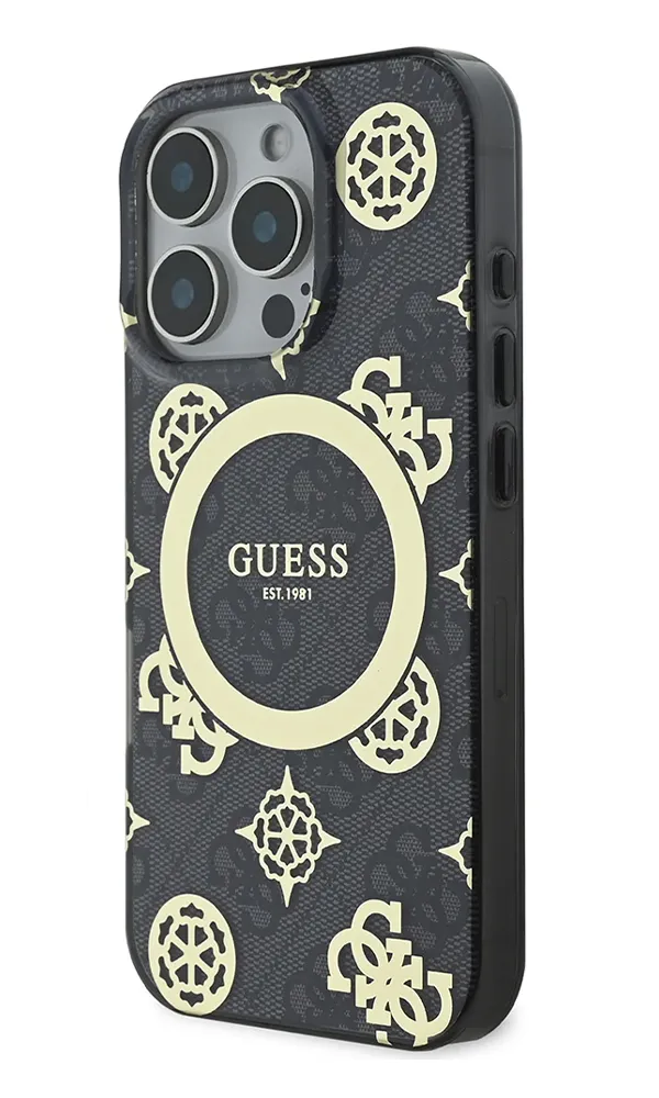 iPhone 16 Pro Max Kılıf Guess Orjinal Lisanslı Magsafe Şarj Özellikli IML Peony ve 4G Desenli Klasik Logolu Kapak 01 - Siyah