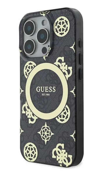 iPhone 16 Pro Max Kılıf Guess Orjinal Lisanslı Magsafe Şarj Özellikli IML Peony ve 4G Desenli Klasik Logolu Kapak 01 - Siyah